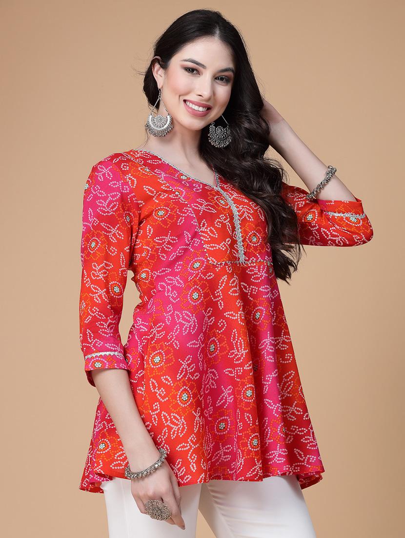 women printed three quarter sleeve flared kurti - 22039811 - Standard Image - 2
