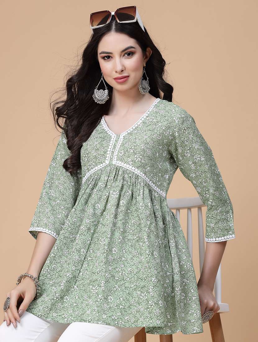 women printed three quarter sleeve flared kurti