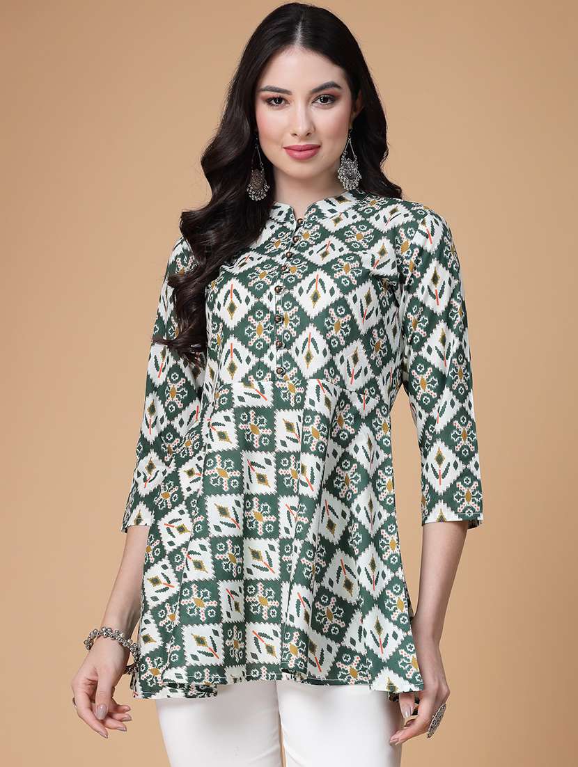women printed three quarter sleeve flared kurti