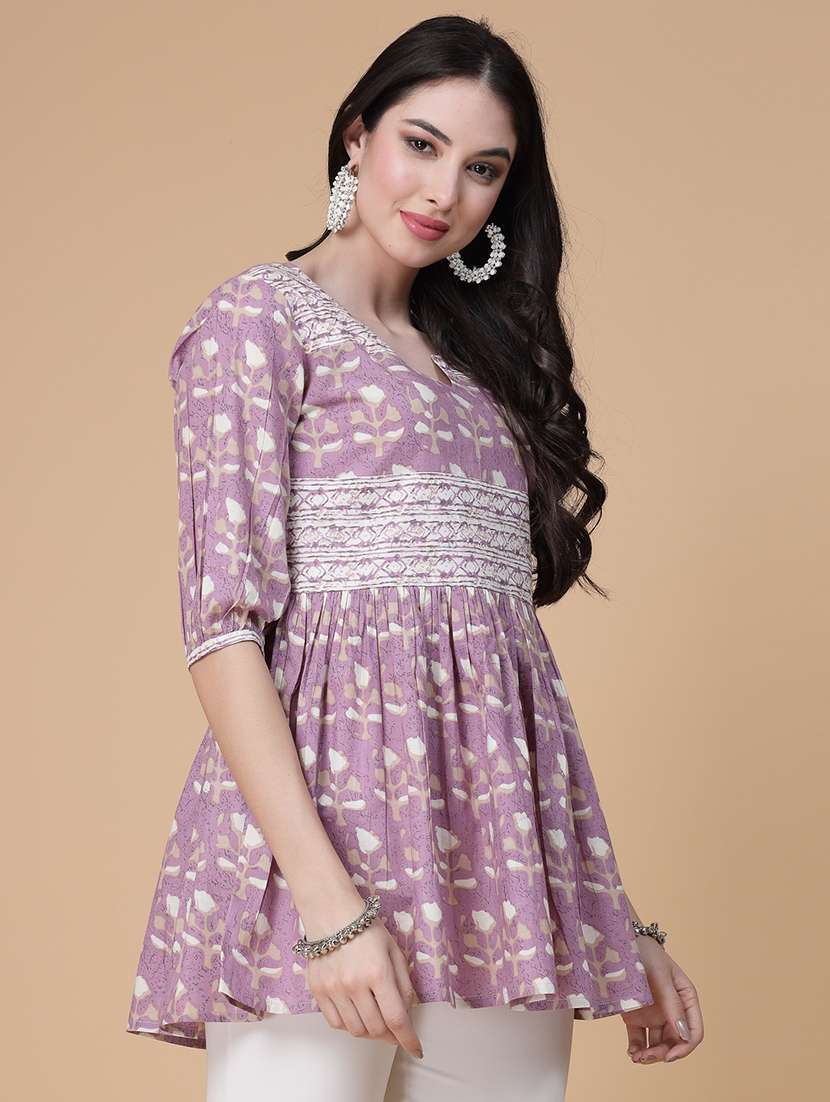 women printed three quarter sleeve flared kurti - 22039819 - Standard Image - 2