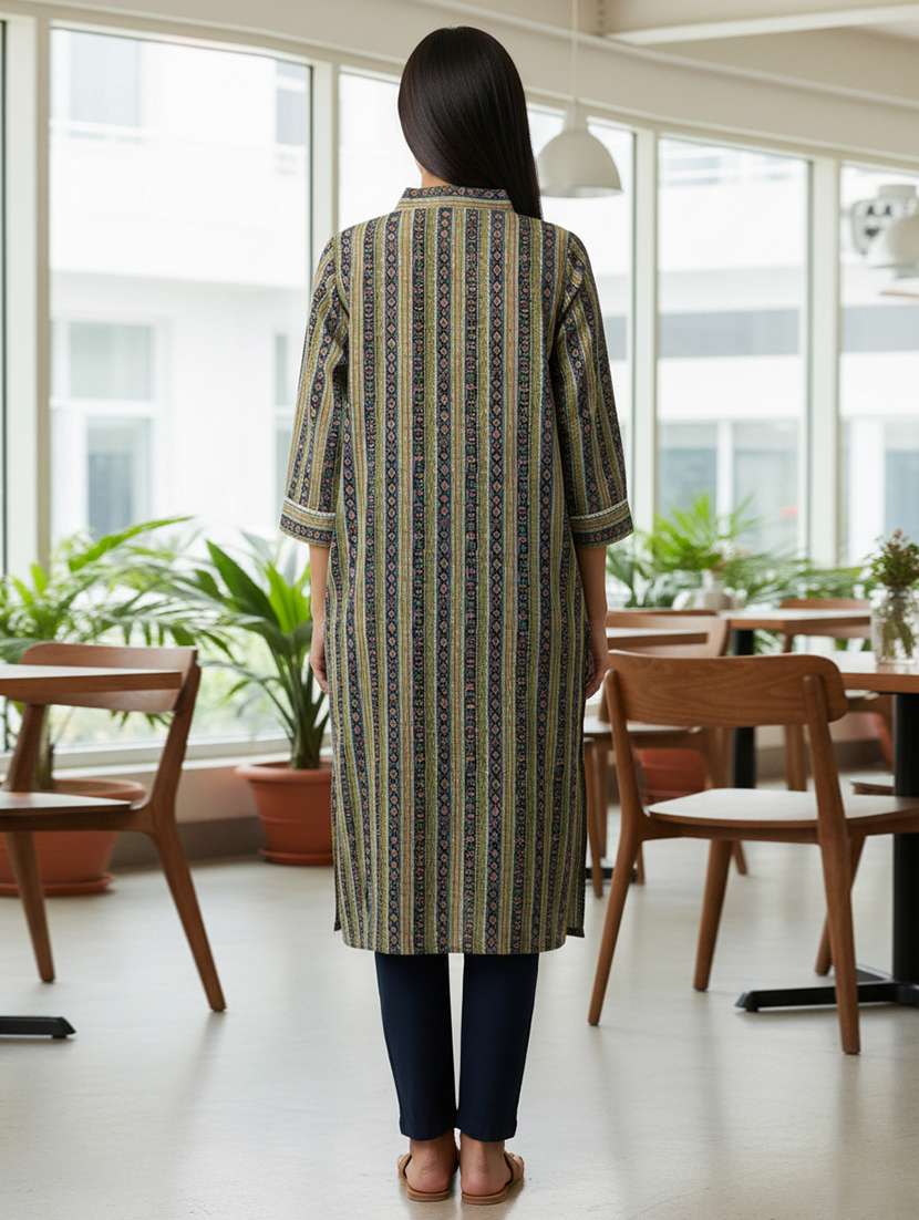 women printed three quarter sleeve a-line kurta - 22039978 -  Standard Image - 2