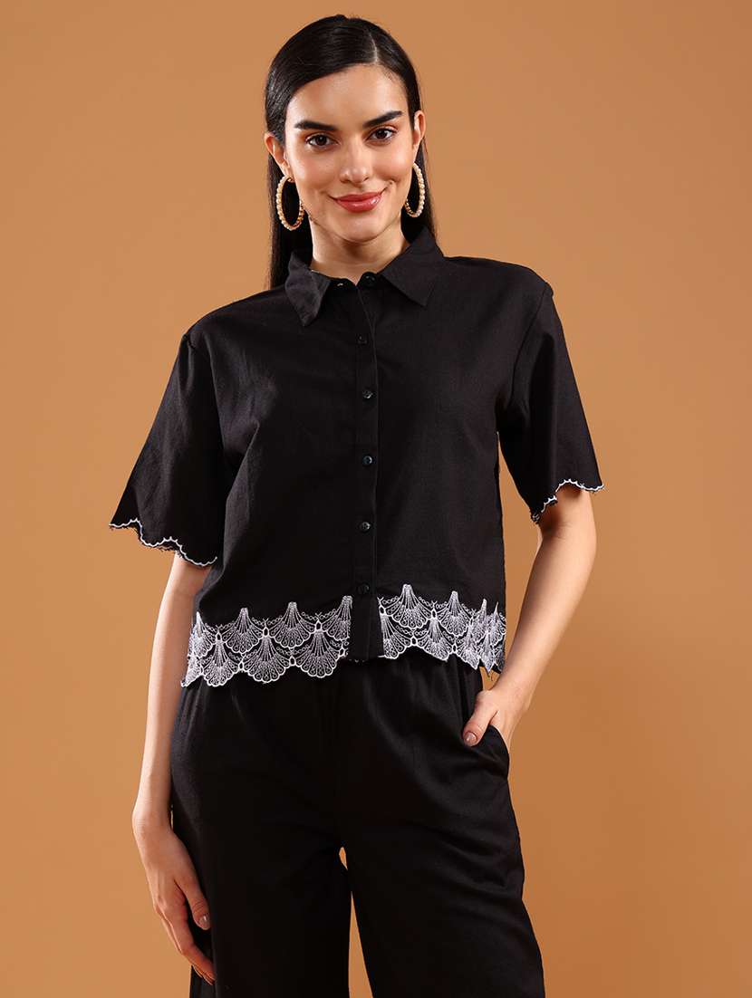 women solid with work short sleeve regular fit shirt