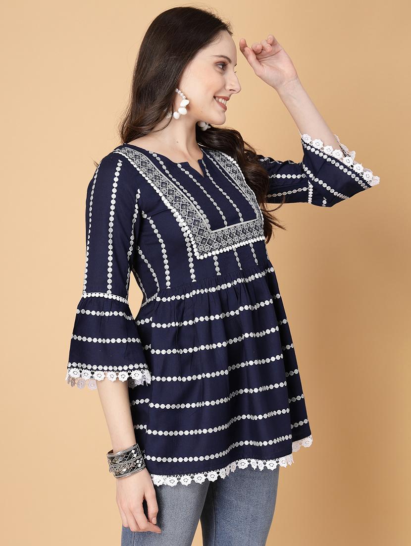 women printed three quarter sleeve flared kurti - 22040468 - Standard Image - 2