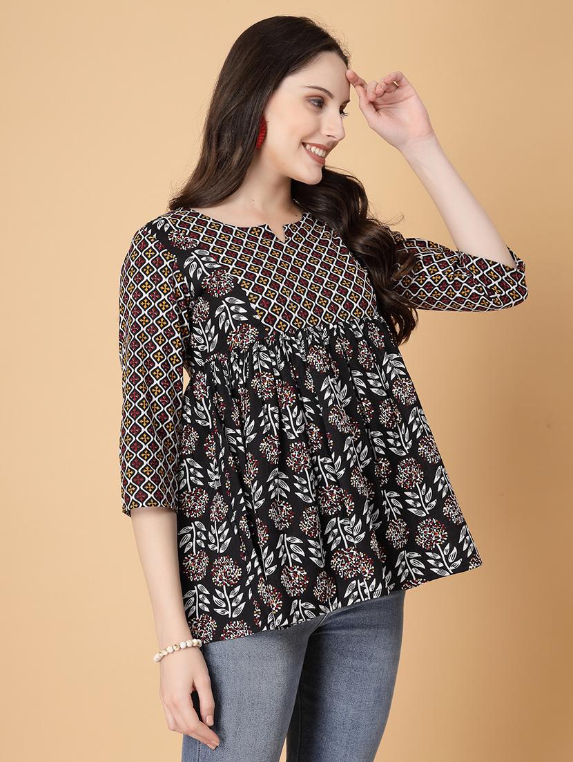 women printed three quarter sleeve flared kurti - 22040469 - Standard Image - 2