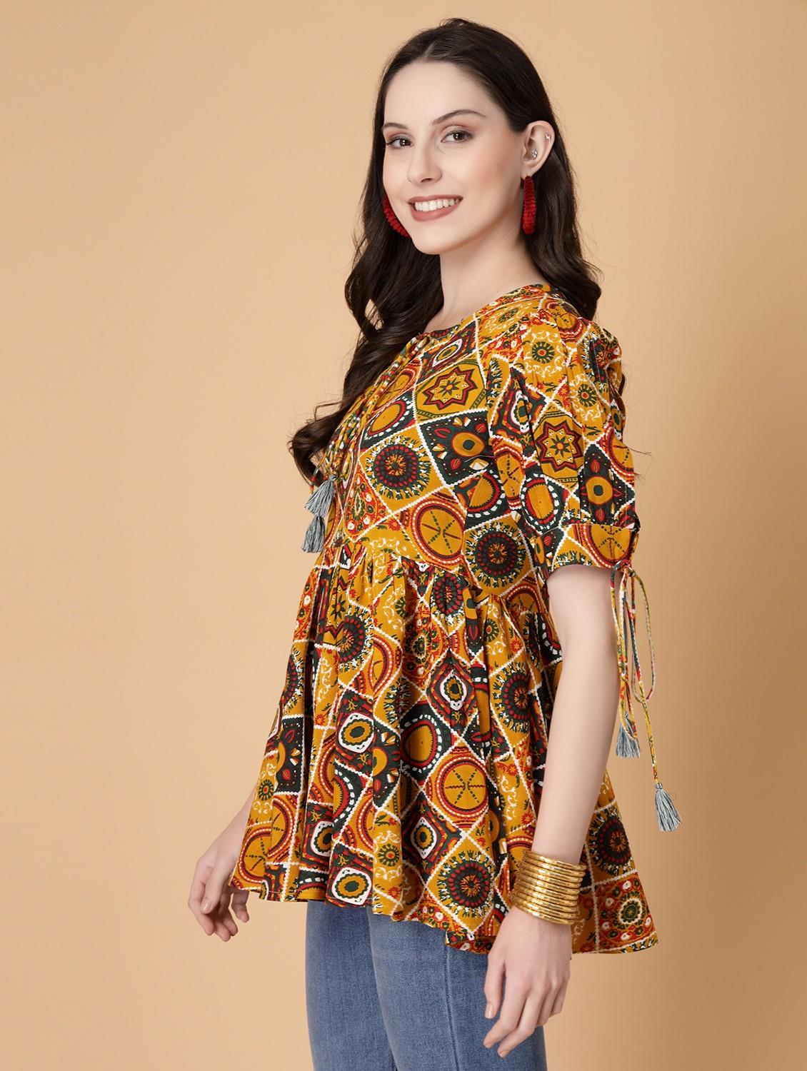 women printed puff sleeve flared kurti - 22040470 - Standard Image - 2