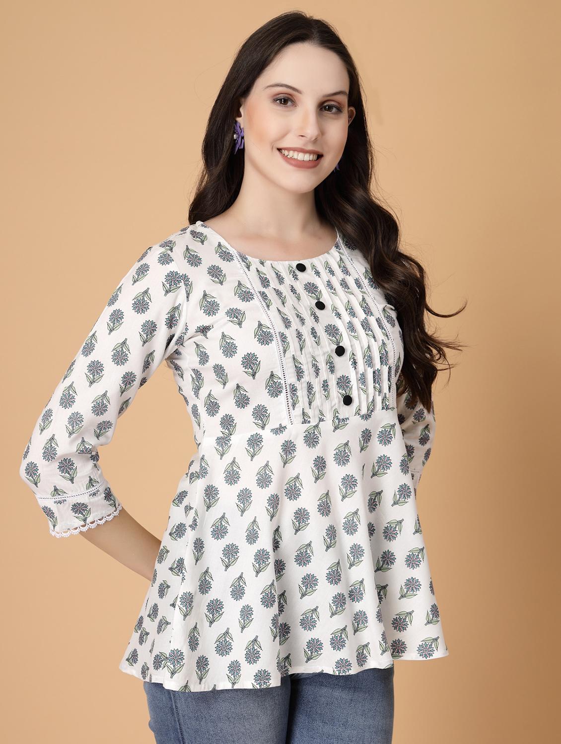 women printed three quarter sleeve flared kurti - 22040471 - Standard Image - 2