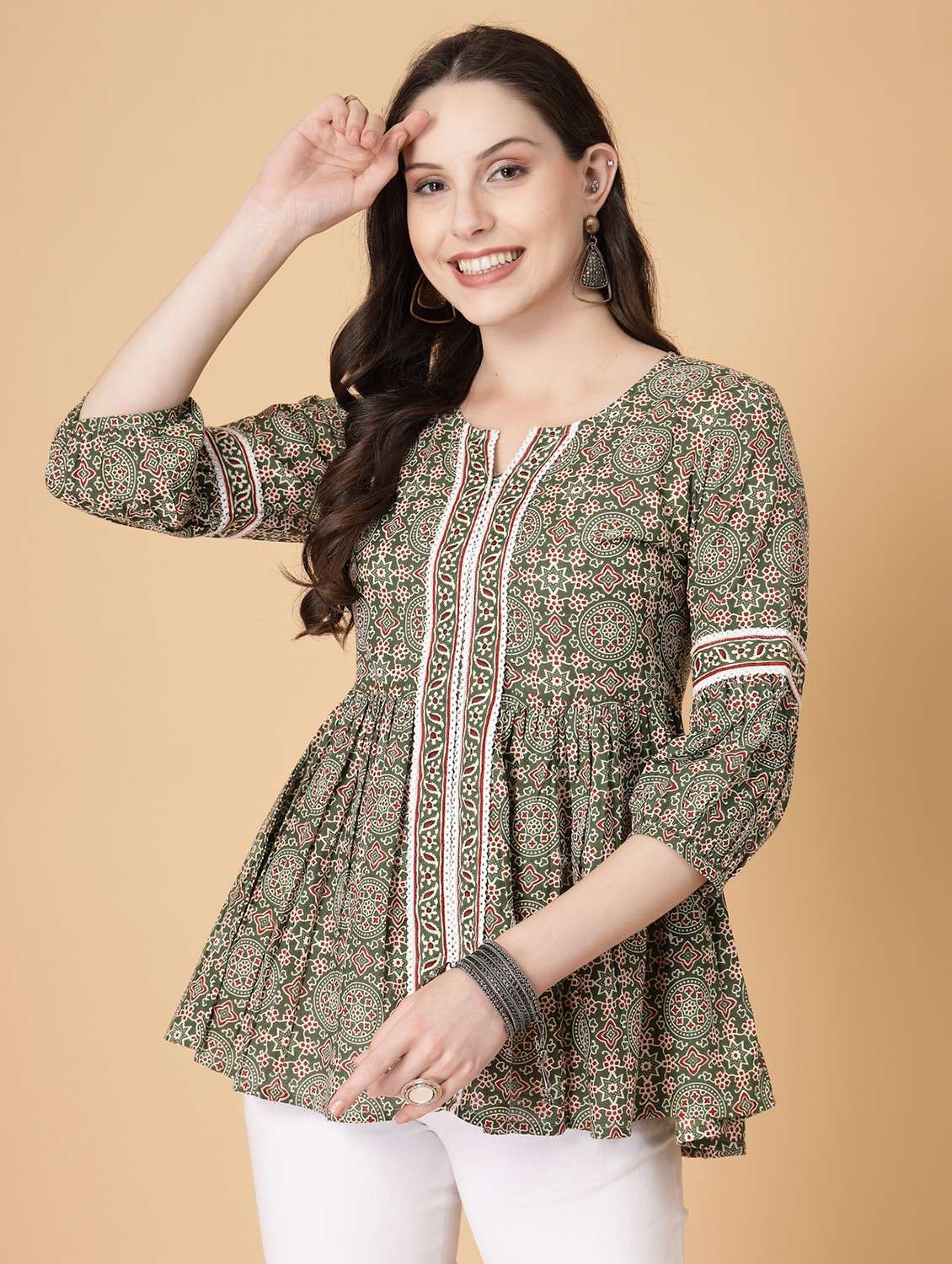 women printed three quarter sleeve flared kurti