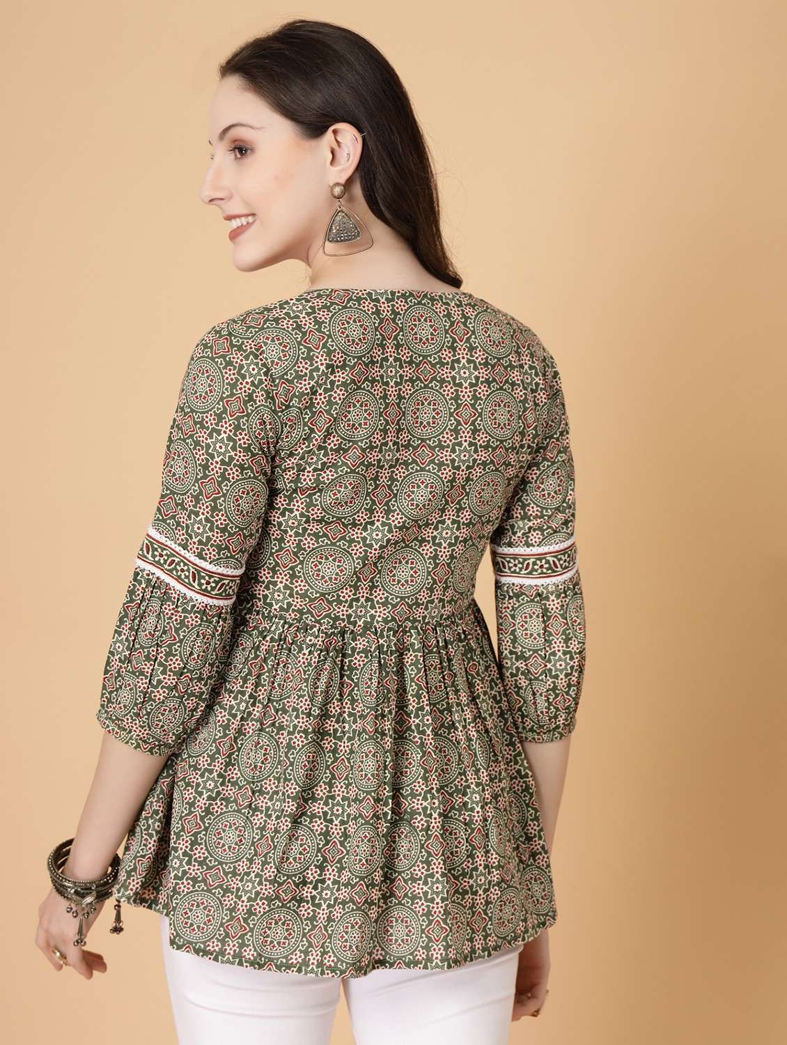 women printed three quarter sleeve flared kurti - 22040474 - Standard Image - 2