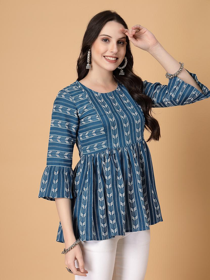 women printed three quarter sleeve flared kurti - 22040475 - Standard Image - 2