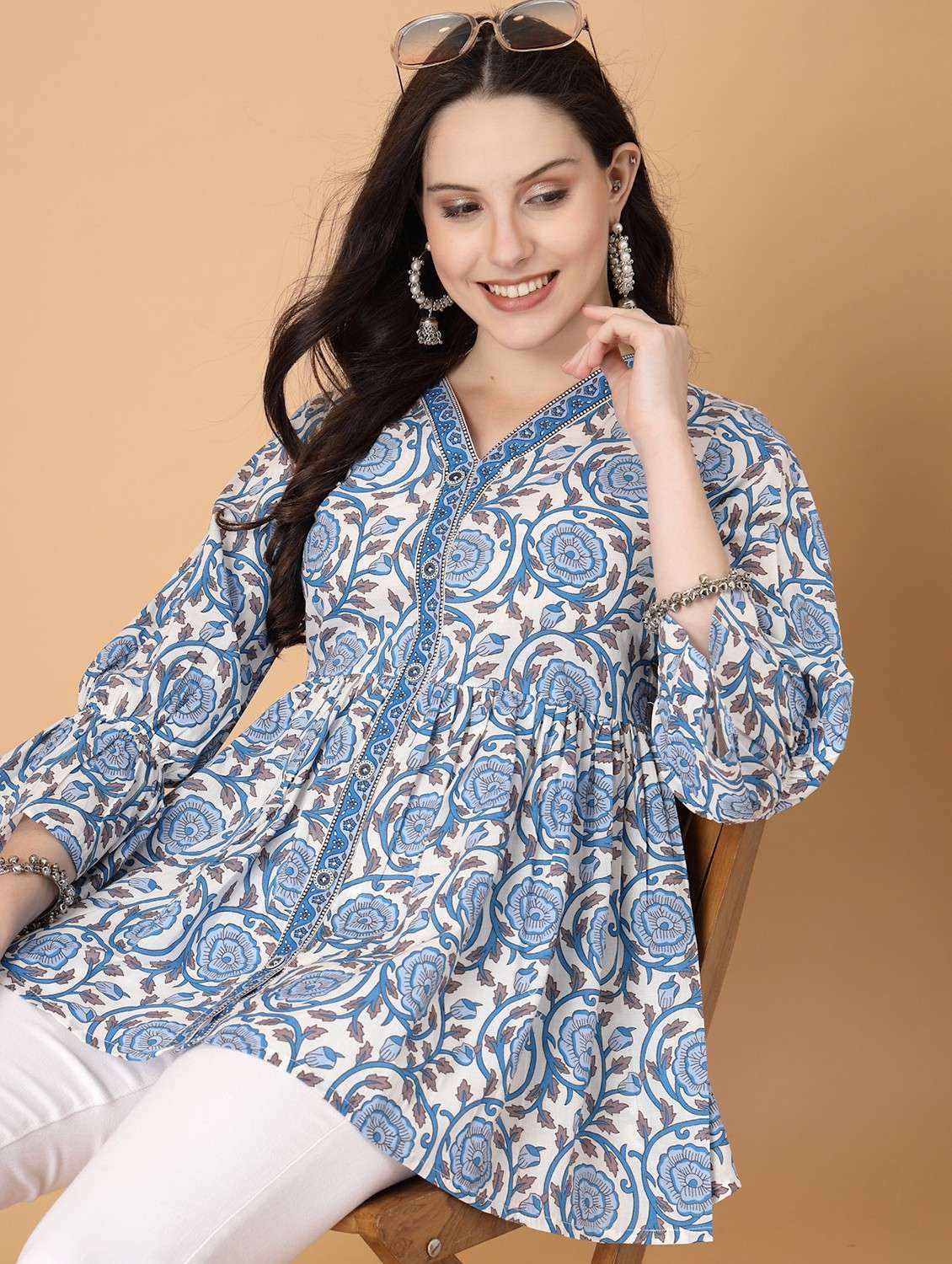 women printed three quarter sleeve flared kurti