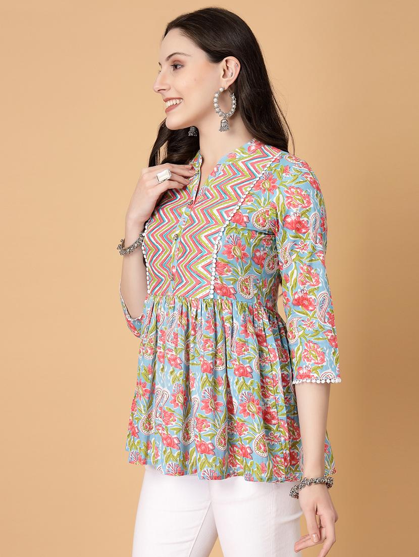 women printed three quarter sleeve flared kurti - 22040477 - Standard Image - 2