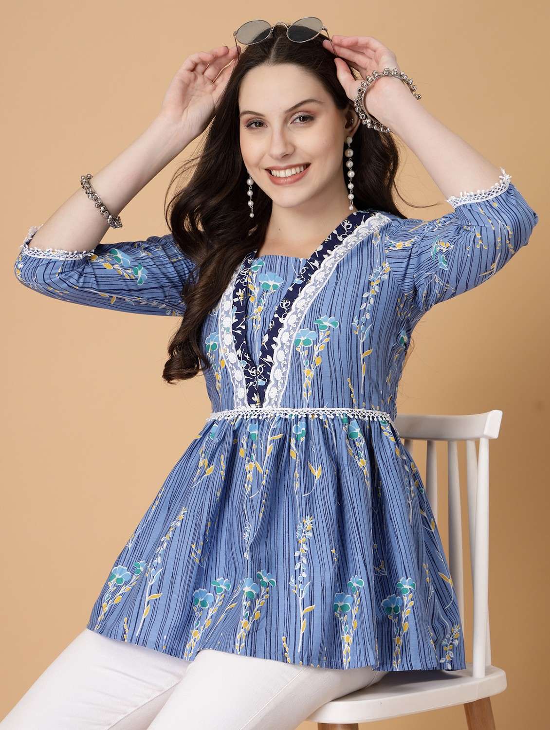 women printed three quarter sleeve flared kurti - 22040478 - Zoom Image - 0