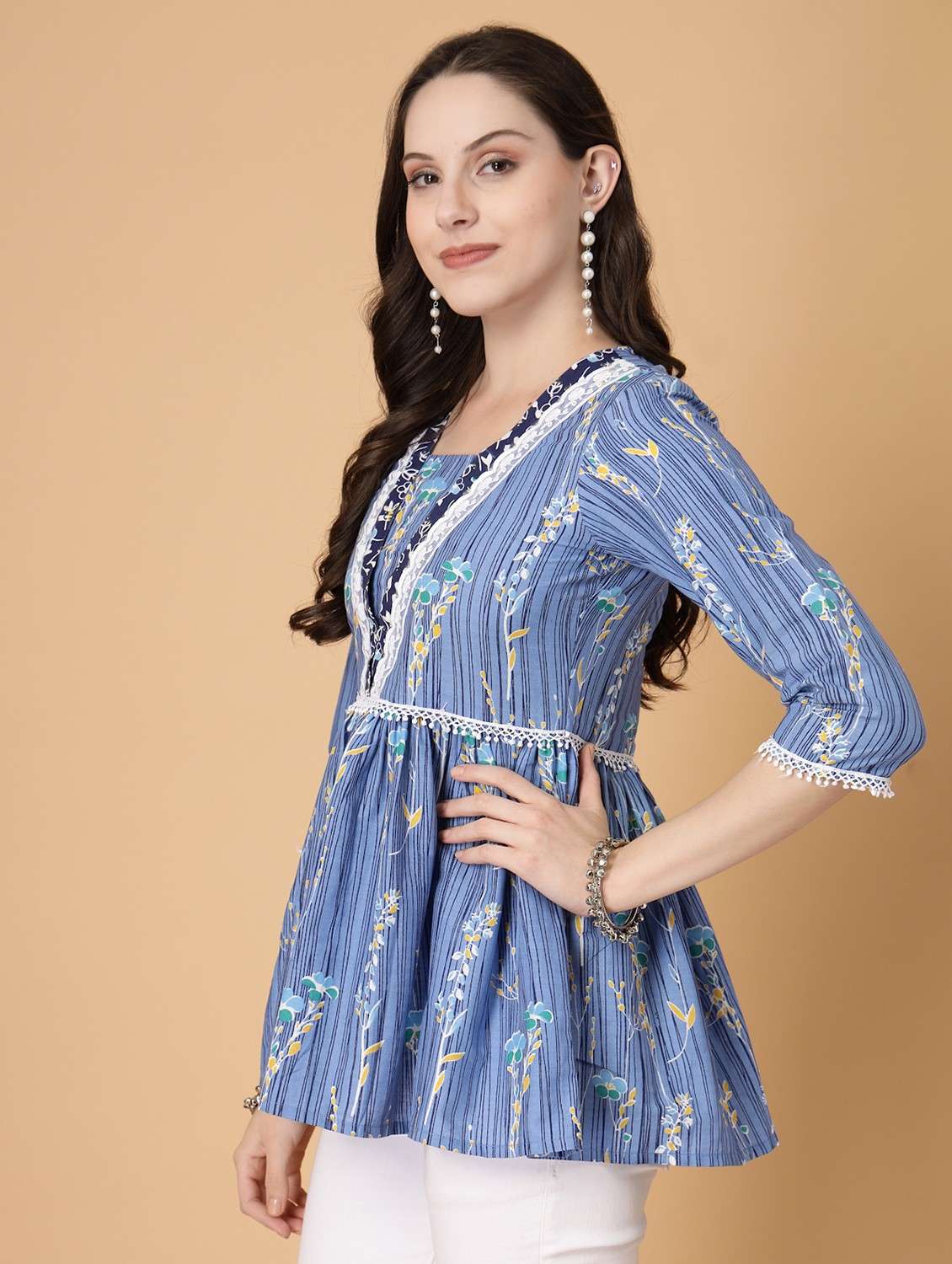 women printed three quarter sleeve flared kurti - 22040478 - Standard Image - 2