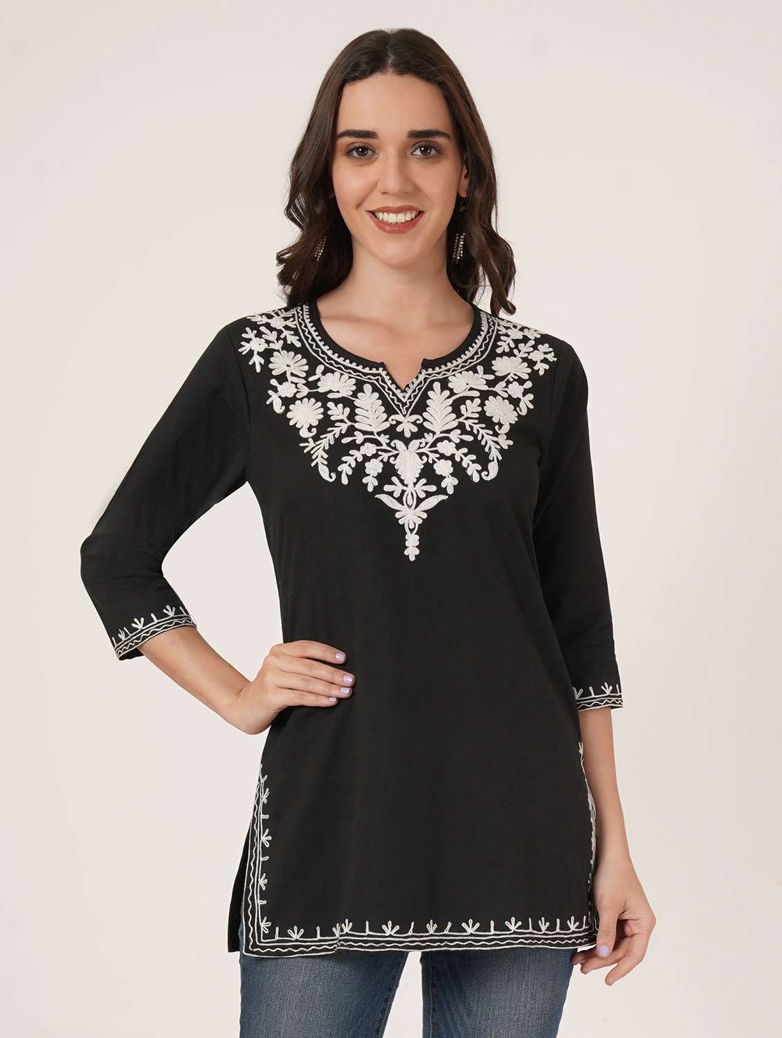 women embroidered three quarter sleeve kurti