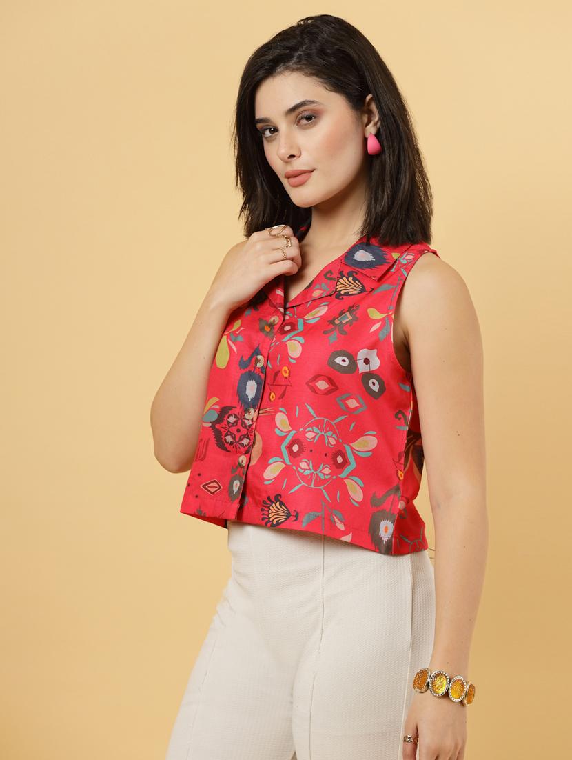 women floral printed sleeveless ethnic crop top - 22040821 - Standard Image - 2