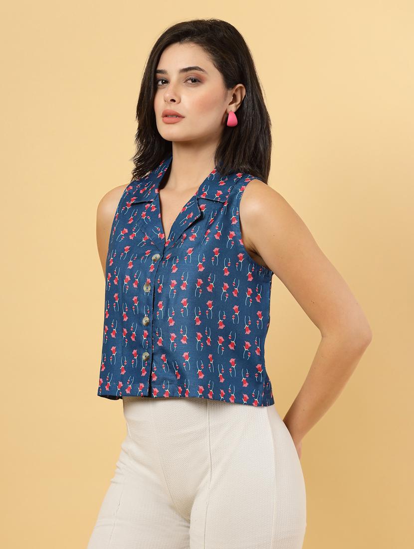 women floral printed sleeveless ethnic crop top - 22040822 - Standard Image - 2
