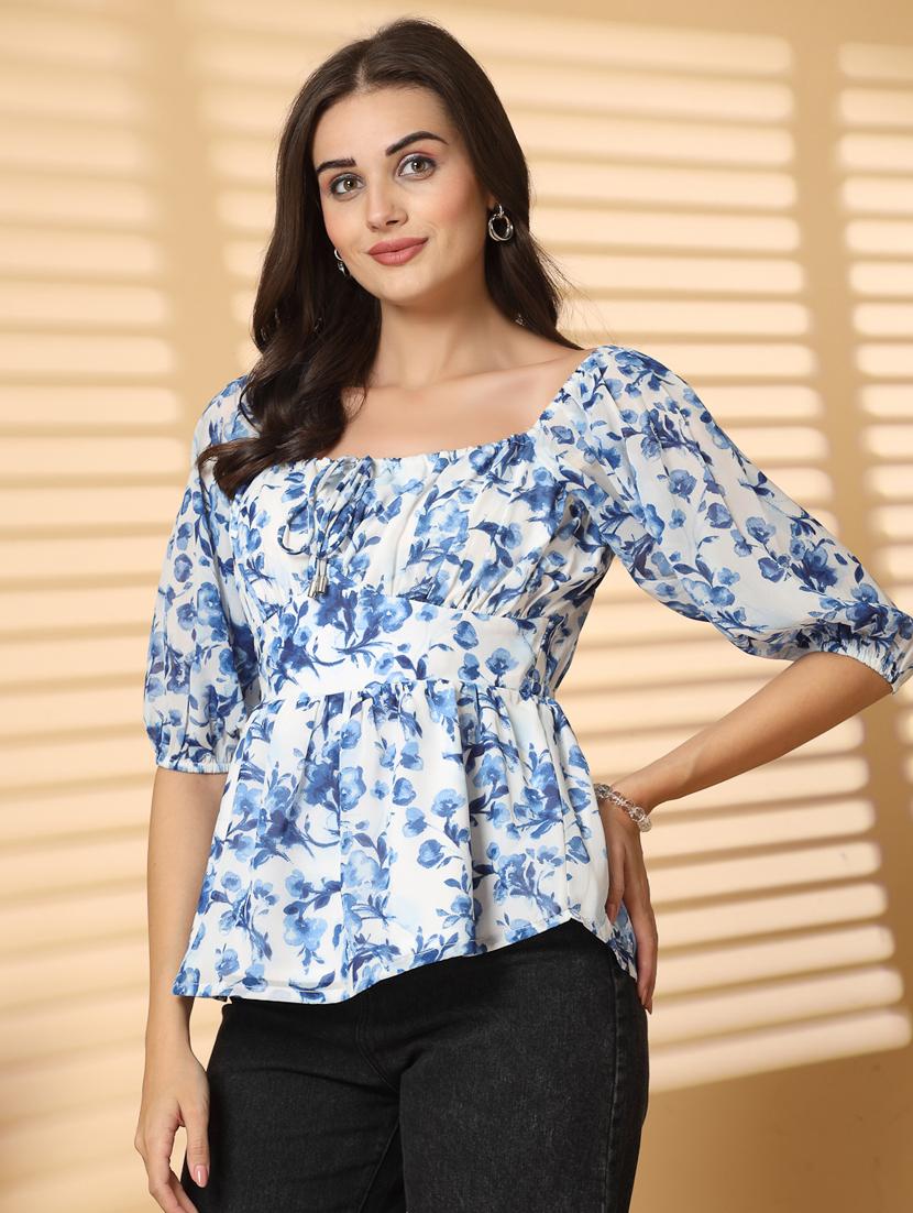 women floral print puff sleeve peplum top - 22040825 - Standard Image - 2