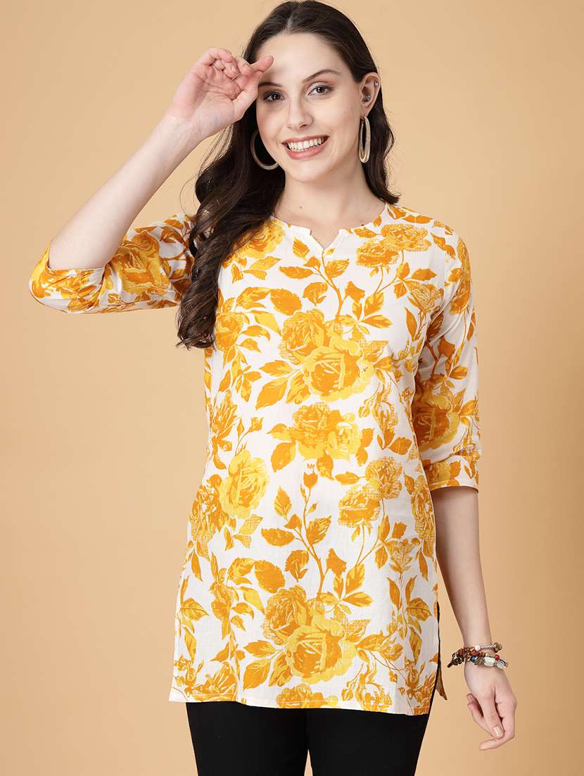 women printed three quarter sleeve straight kurti