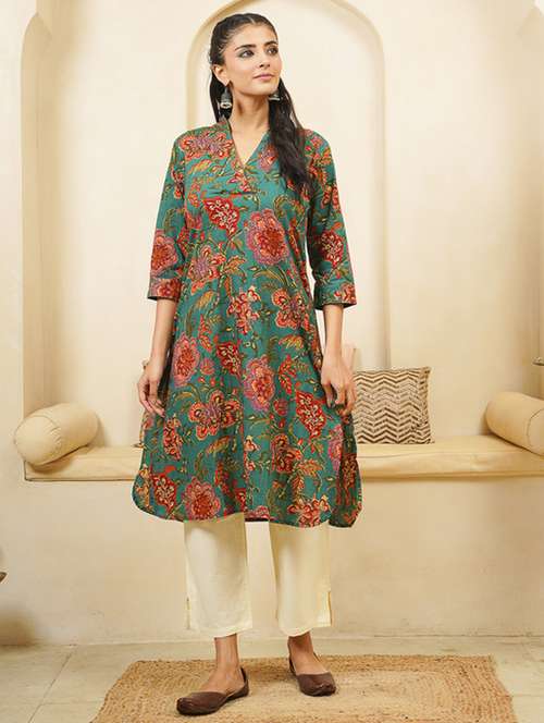 women floral print three quarter sleeve kurta - 22040890 -  Standard Image - 0