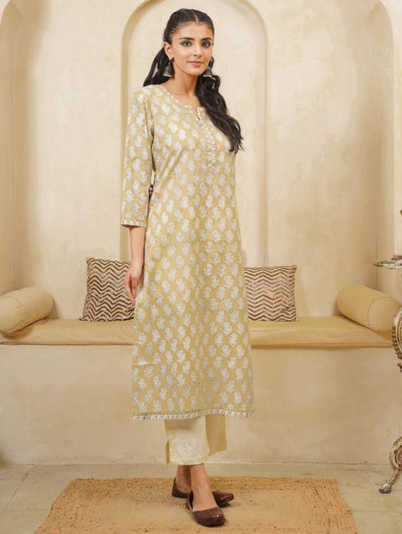 women printed three quarter sleeve straight kurta - 22040892 - Standard Image - 2