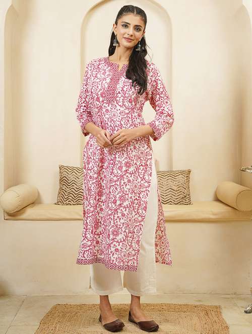 women printed three quarter sleeve straight kurta - 22040894 - Standard Image - 0