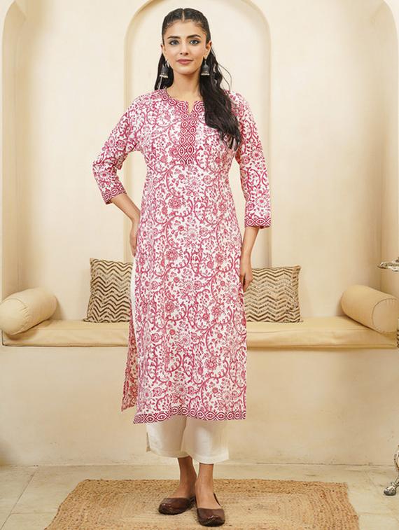 women printed three quarter sleeve straight kurta - 22040894 - Standard Image - 2
