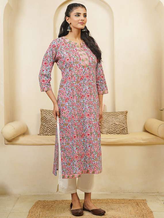 women printed three quarter sleeve straight kurta - 22040895 - Standard Image - 2
