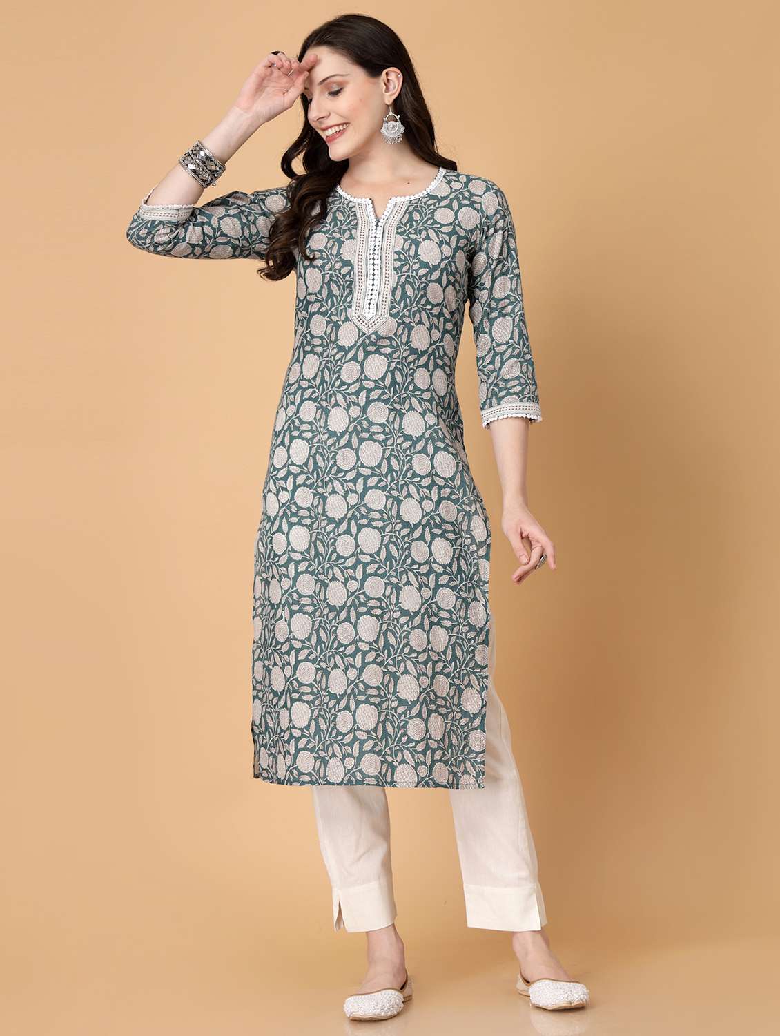 women printed three quarter sleeve straight kurti - 22040900 - Standard Image - 2