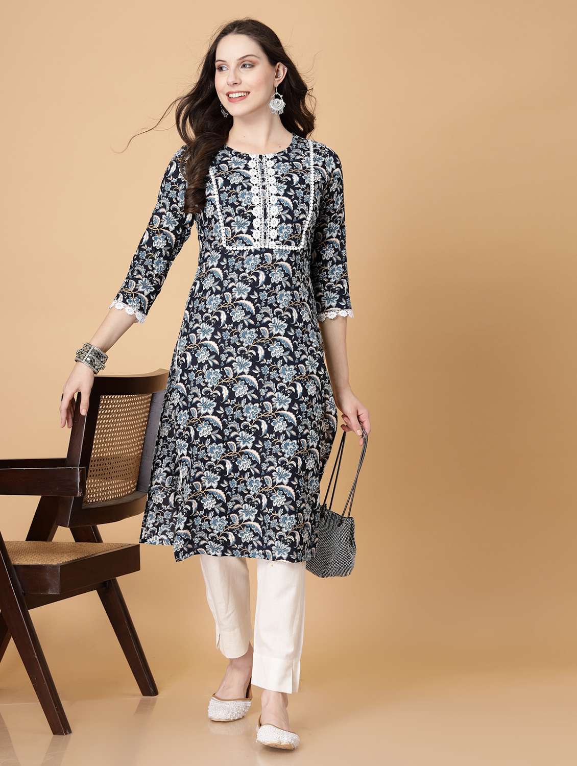 women printed three quarter sleeve straight kurti