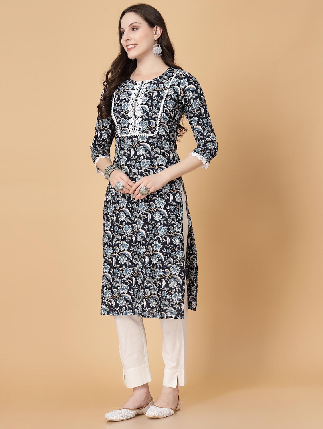 women printed three quarter sleeve straight kurti - 22040901 - Standard Image - 2