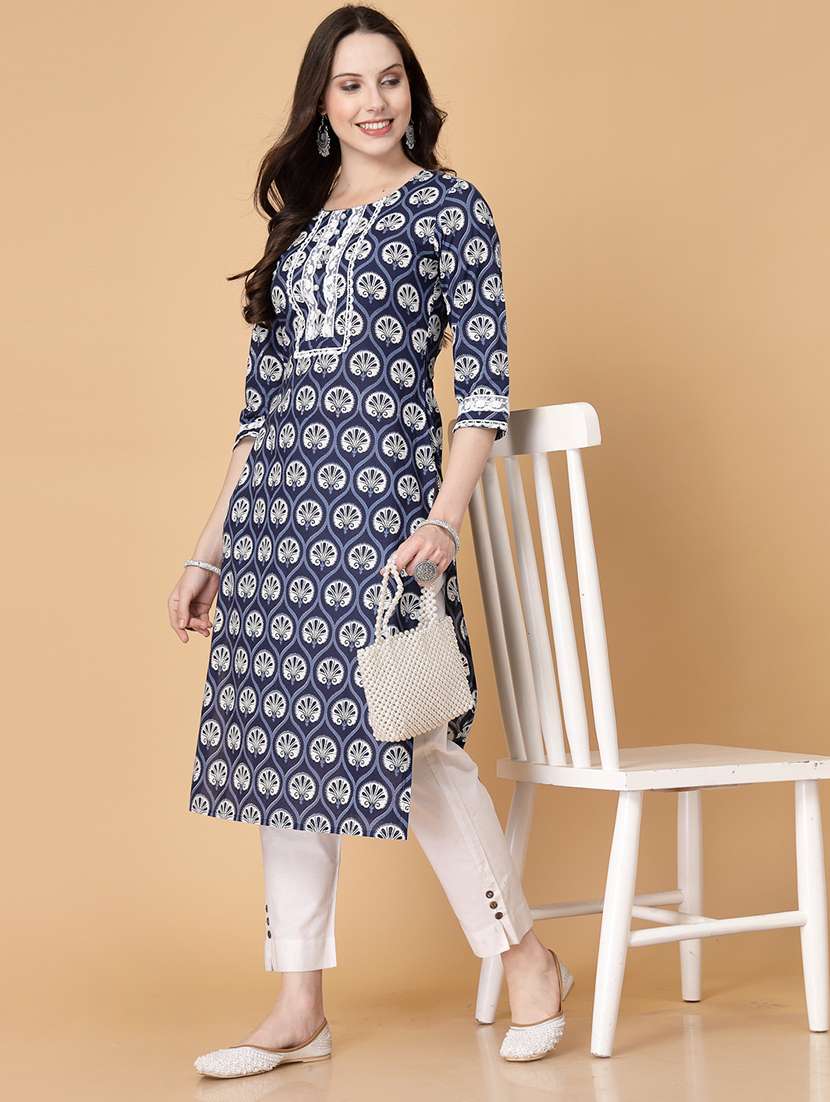 women printed three quarter sleeve straight kurti