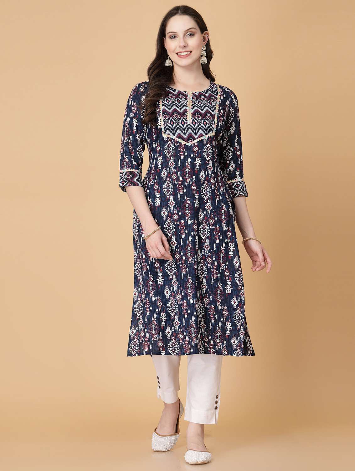 women printed three quarter sleeve straight kurti