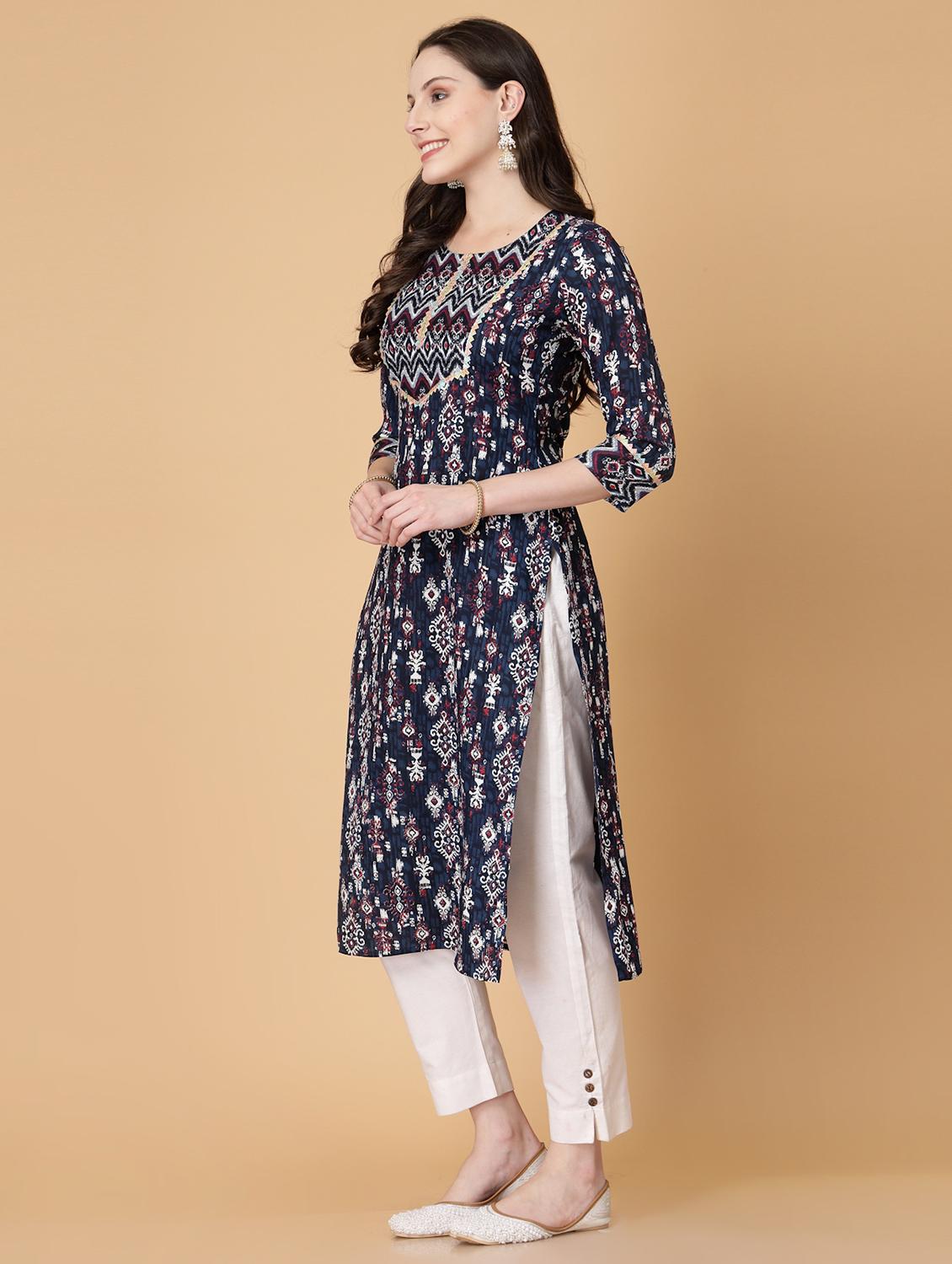 women printed three quarter sleeve straight kurti - 22040905 - Standard Image - 2