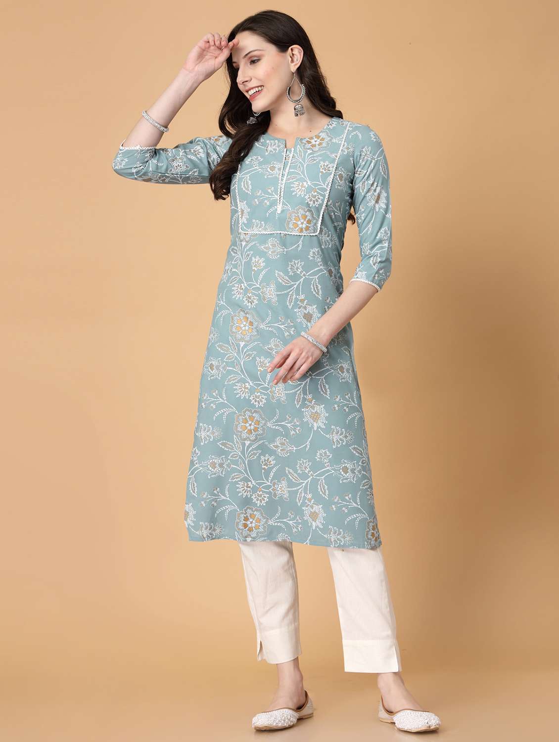 women printed three quarter sleeve straight kurta