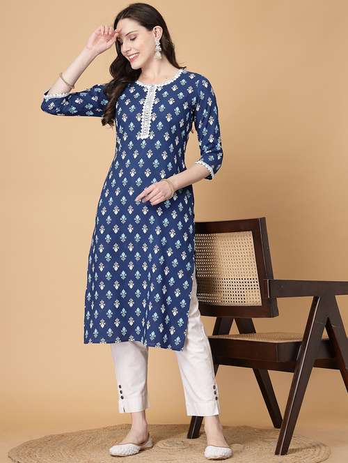 women printed three quarter sleeve straight kurta - 22040909 - Standard Image - 0