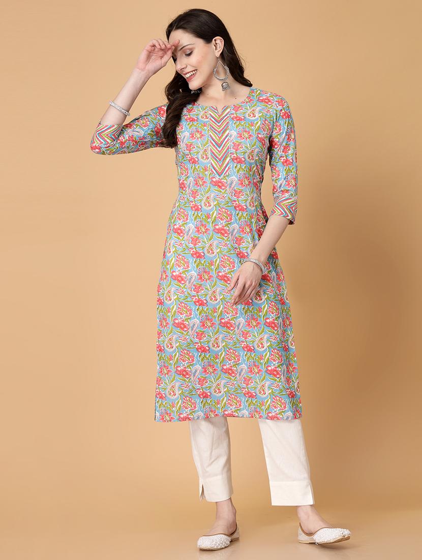 women printed three quarter sleeve straight kurta - 22040910 - Standard Image - 2