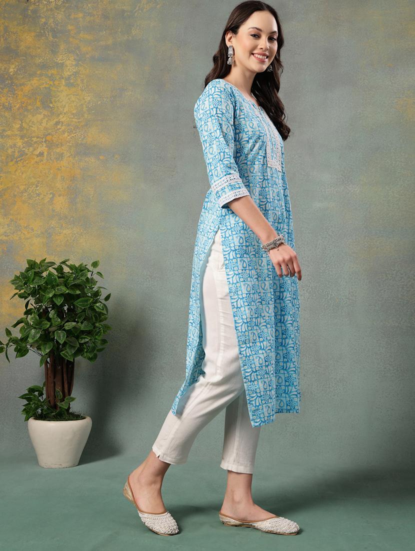women printed three quarter sleeve straight kurta - 22040992 - Standard Image - 2