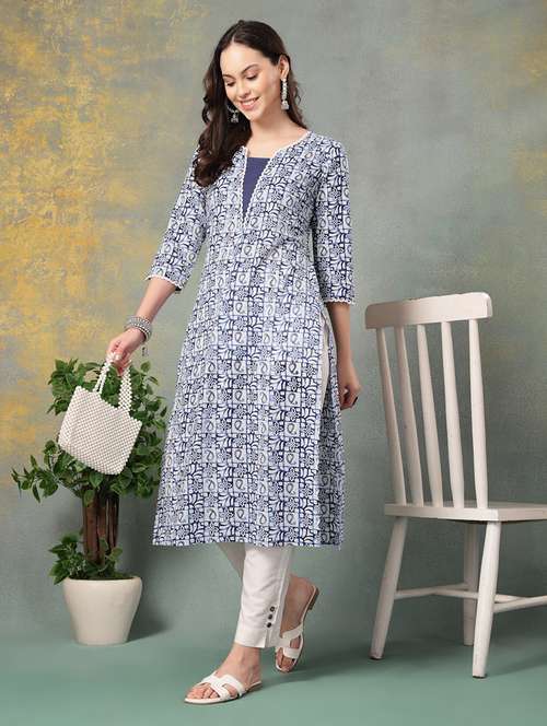 women printed three quarter sleeve straight kurta - 22040995 -  Standard Image - 0