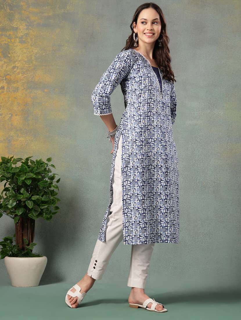 women printed three quarter sleeve straight kurta - 22040995 - Standard Image - 2