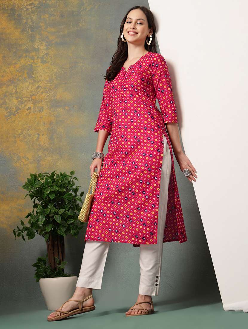 women printed three quarter sleeve straight kurta