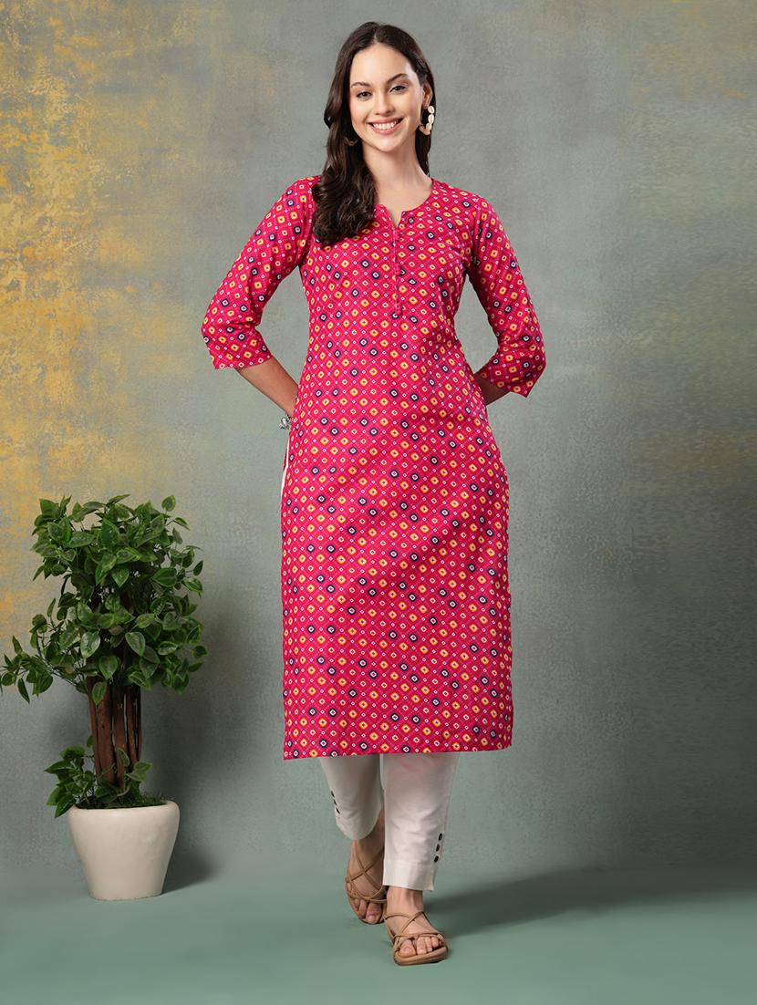 women printed three quarter sleeve straight kurta - 22040996 - Standard Image - 2
