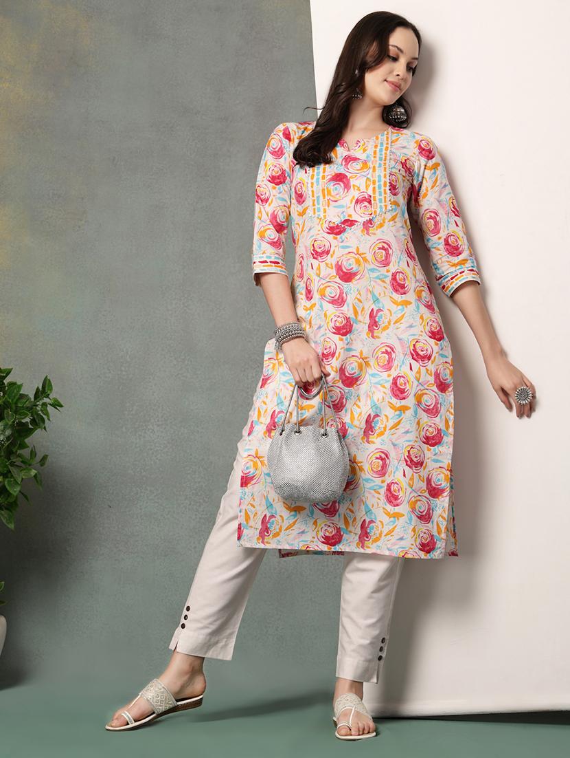 women printed three quarter sleeve straight kurta - 22040997 - Zoom Image - 0