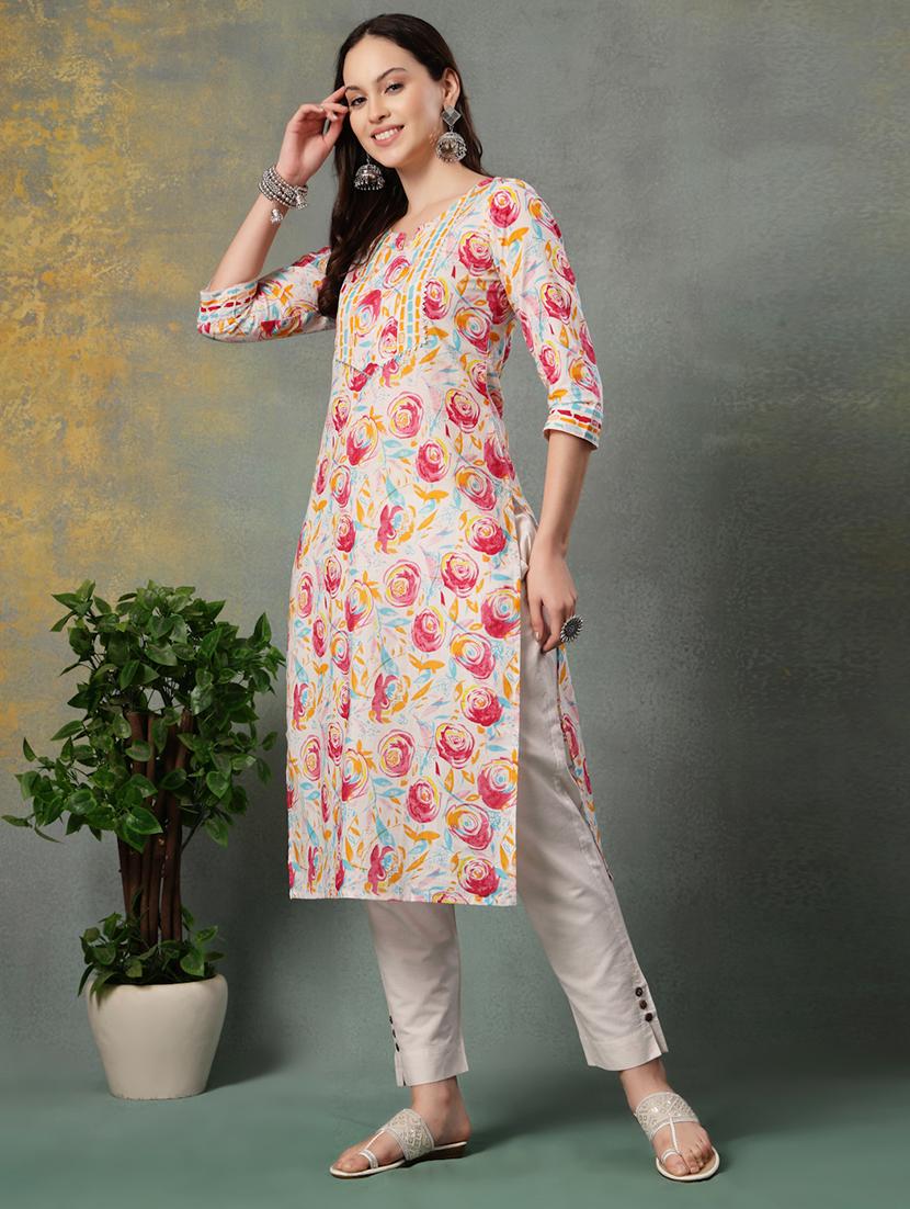 women printed three quarter sleeve straight kurta - 22040997 - Standard Image - 2