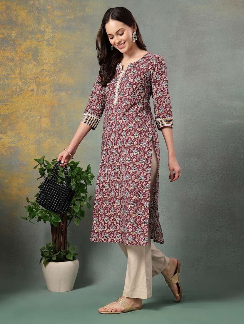 women printed three quarter sleeve straight kurta - 22040999 - Standard Image - 2