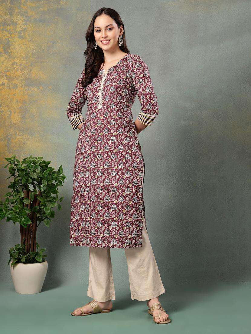 women printed three quarter sleeve straight kurta - 22040999 -  Standard Image - 2