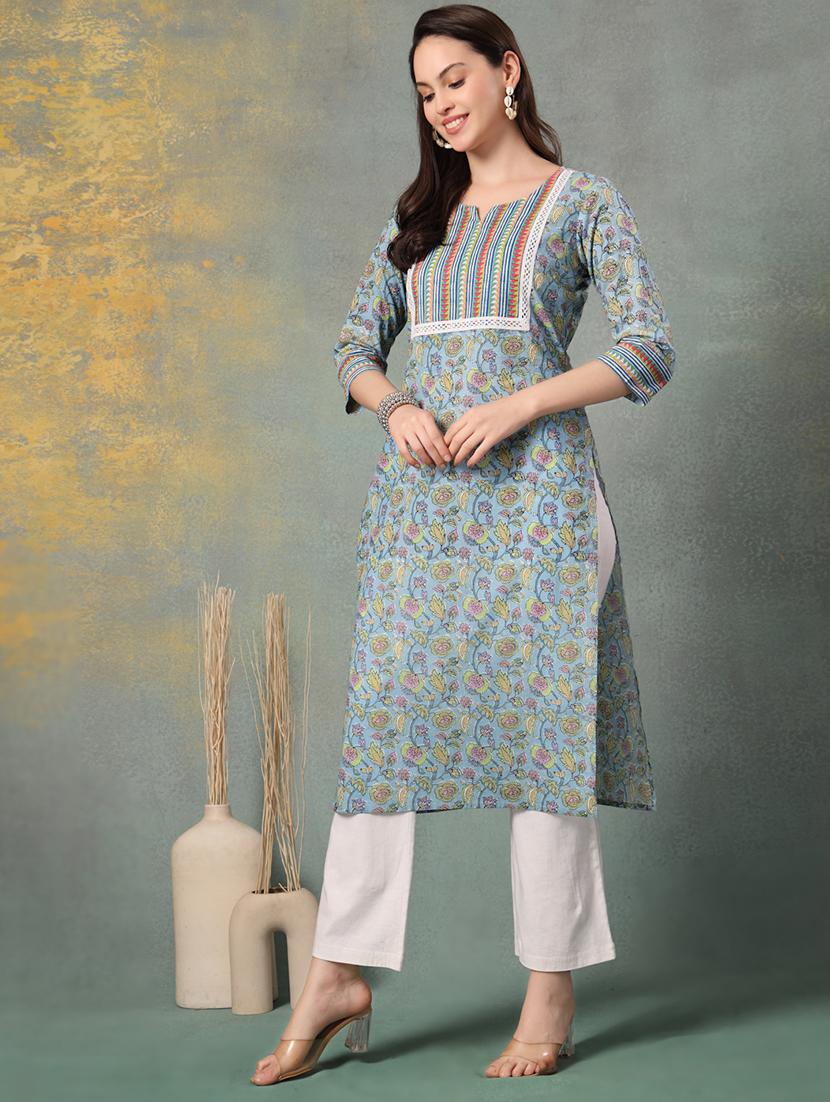 women printed three quarter sleeve straight kurta - 22041003 - Standard Image - 2