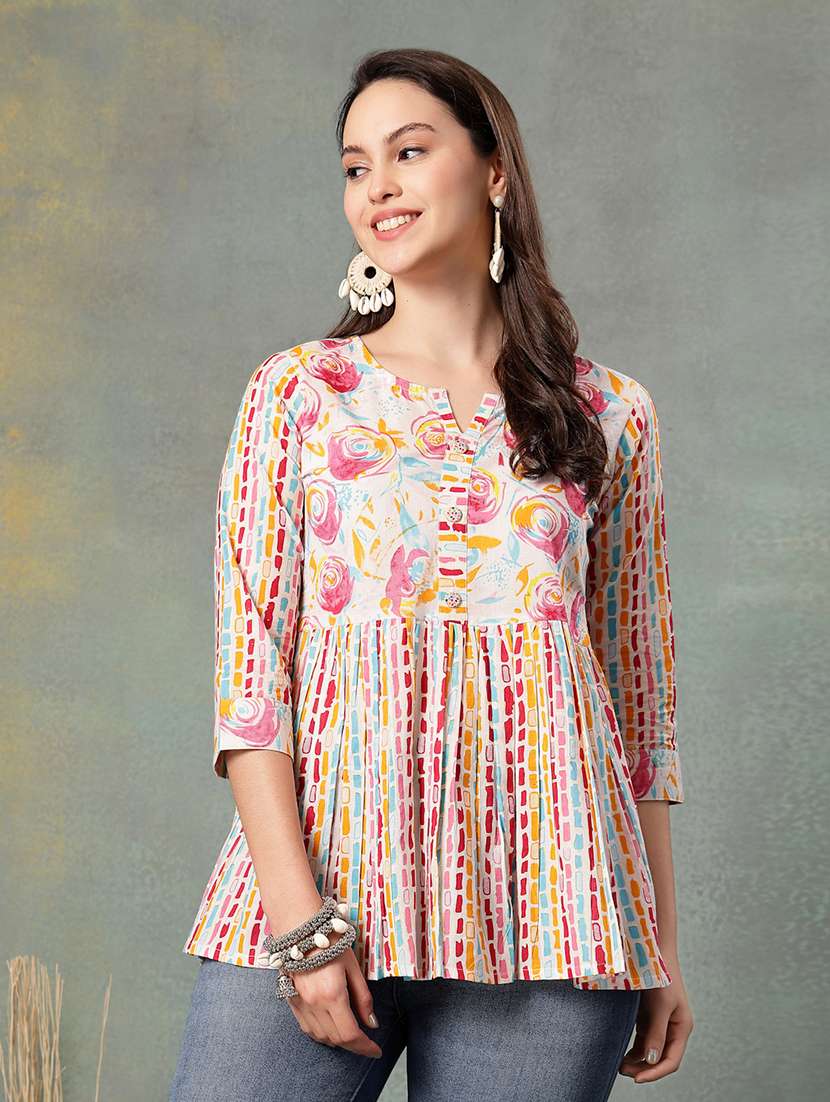women printed three quarter sleeve a-line kurti