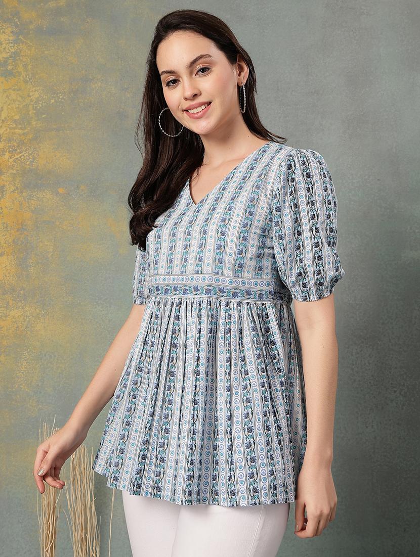 women printed puff sleeve flaerd top - 22041008 - Standard Image - 2