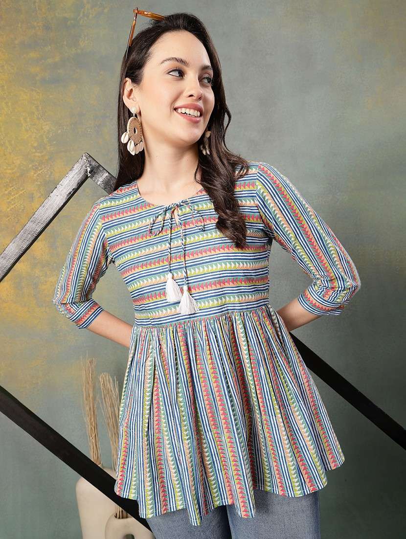 women printed three quarter sleeve a-line kurti - 22041009 - Standard Image - 2