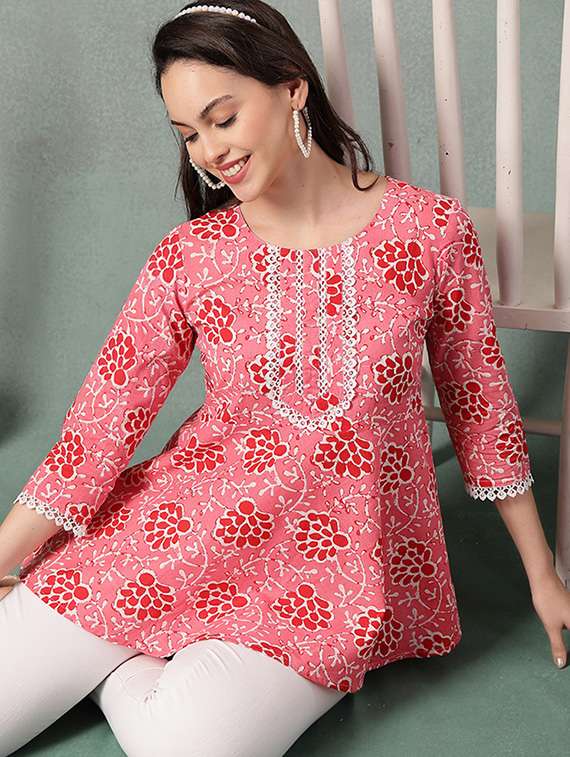 women printed three quarter sleeve a-line kurti
